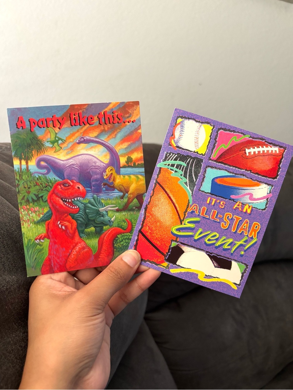 Vintage Dinosaur & Sport Party Invites - Red & Purple Design Bundle Of 15